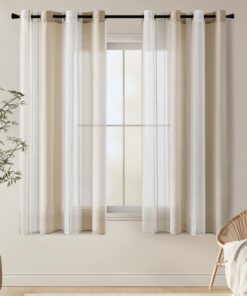 EMEMA Beige-Weiß Streifen Voile Gardinen für Wohnzimmer Modern Design 2er Set Schals mit Ösenschlitz Halbtransparent Dek