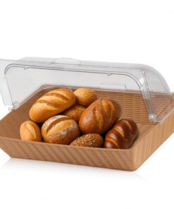 Mahlzeit Rattan Brotkorb mit Deckel für Hausparty + Küche + Garten | Transparentes Fenster + Kunststoff Deckel + 54x36x2