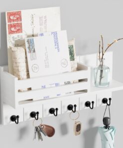 SWTYMIKI Schlüsselbrett Holz mit 6 Haken & Briefhalter - Weiß, Global Recycled Standard für Wohnzimmer & Flur