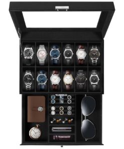Uten Uten Uhrenbox - 12 Fächer und 1 Schublade mit Schlüsselschloss, Glasdeckel, Schwarzes PU, Schwarzes Samtfutter, Her