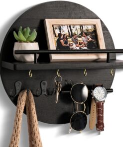 Duschschlüsselbrett Vintage Holz mit Stauraum für Flur Deko (Schwarz) Abstellgröße Rund: Duschschlüsselbrett Vintage H
