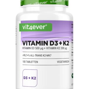 Vitamin D3 20.000 I.E + Vitamin K2 200 mcg Menaquinon MK7 - Premium Qualität - Hochdosiert - Laborgeprüft