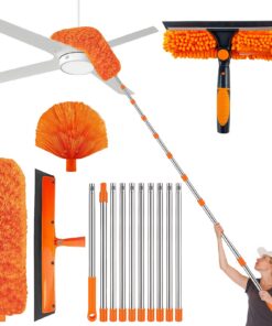Duster Teleskop Stange 430 cm, Spinnwebenbürste lang ausfahrbare Stange, Duster für Fenster und Unterbett, 2 in 1 Fenste