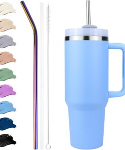 Disoza Thermobecher Hellblau To Go Kaffeebecher mit Strohhalm Edelstahl Tumbler Cup 1.2 L