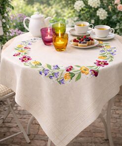 KAMACA Blumen Plattstich Stickset für Erwachsene (Blumenkranz MD 80x80 cm) vorgezeichent komplett