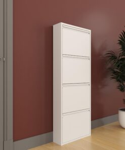 furni24 Platzsparender Schuhschrank - Weiss, robust mit 4 Magnetklappen, passt fuer 8-12 Paar, wandmontierbar