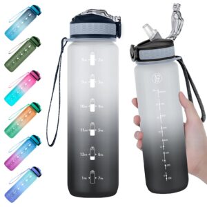 EYQ 1L Trinkflasche SchwarzGrau - BPA Free Tritan Wasserflasche mit Zeitmarker für Sport und Outdoorakteure im Fitnessst