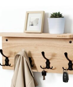 Wandgarderobe Eichenholz Massivholz mit 4 Dreifachhaken und Ablage für Flur Schlafzimmer
