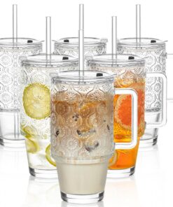 KEMORELA Wiederverwendbare Glasbecher 6er-Pack 680 ml Begonienblumen-Eiskaffee mit Griffen, BPA-freie Strohhalme, Kaltge