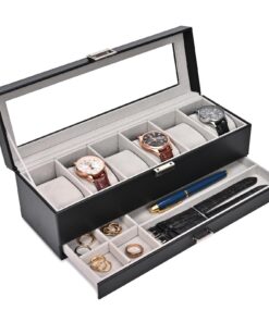 ProCase Uhrenbox Schwarz mit Glasdeckel und 6 Fächern - Luxuriöses Überw whohen für Schmuck - Ideal für Sammler und Gesc