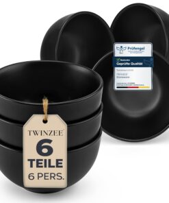 Twinzee Ebony Steingut Müslischalen Set Matt-Schwarz für 6 Personen - 6-teilig Mikrowellengeeignet