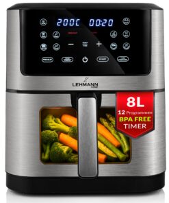 LEHMANN Heißluftfritteuse 8L, Air Fry Technologie fürFlexible Nutzer im Hause und Büro, zum gesunden Backen, Grillen und