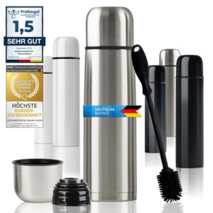Edelstahl Thermosflasche mit Becher & Bürste - Doppelwandige Isolierkanne hält Getränke heiß & kalt (Silber - 500 ml) Au