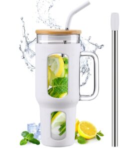 BLUEGO Tumbler Becher mit Deckel und Strohhalmen, 1,4 L, BPA-frei, Weiss für Outdoor- aktiv Trinken mit Henkel