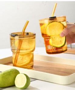 400ml Luftdicht Glas Trinkbecher mit Deckel und Strohhalm für Eiskaffee und Saft (Amber) | Transparente Gestreifte 2 St