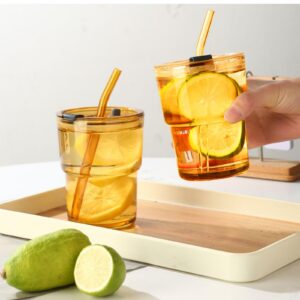 400ml Luftdicht Glas Trinkbecher mit Deckel und Strohhalm für Eiskaffee und Saft (Amber) | Transparente Gestreifte 2 St