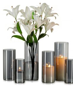 Glasseam Grau Zylinder Glasvasen 6er Set (15/20/25cm) - Moderne Anthrazit Tischdeko für Wohnzimmer