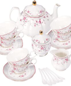 Fanquare Porzellan Tee Set für 6 Personen, Hochzeit und Feierlichkeiten, Blume Kaffee und Tee Service in Roter Rose