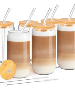MEIMUCUL Eiskaffee Gläser 500ml mit Deckel und Strohhalm MEIMUCUL 6er Smoothie Gläser dosenförmig,Trinkgläser mit Stro