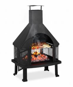 Relaxdays Terrassenofen mit Grill schwarz massiv Stahl, Funkenschutz & Schürhaken, 110 x 63 x 51 cm