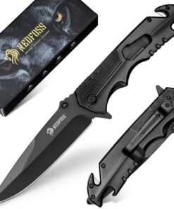 NedFoss FA48 Taschenmesser, Rettungsmesser mit Gurtschneider & Flaschenöffner, Outdoor-Survival-Messer für Auto und Outd