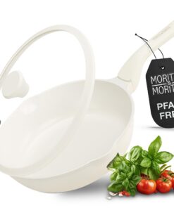 Moritz & Moritz Keramik Pfanne mit Deckel 26cm - Antihaft und sicher zum Braten - Schmorpfanne für alle Herdarten - Beig