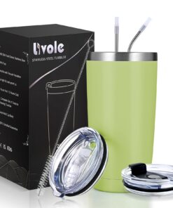 Livole Hellgrün Doppelwandiger 20oz Thermobecher Kaffee to go, Reisebecher mit Deckel und Strohhalm, Edelstahl Thermo Tr