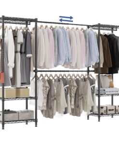 Teleskopstange Kleiderständer Schwarz 4 Kleiderstangen 6 Höhenverstellbare Regale 1 Haken 175-230 x H180 cm Anpassbar an