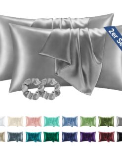 BEDELITE Seidenkissenbezug 40 x 80 Grau - Satin Kissenbezug 2er Set für Weiches Schlafen im Sommer mit 2 Haargummis für