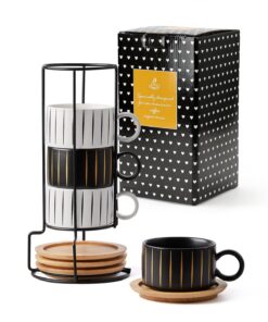 HOME DECOR Edle Keramik Cappuccino Tassen - 4 x 160 ml mit Unterteller & Ständer für Espresso & Cappuccino - Trendige St