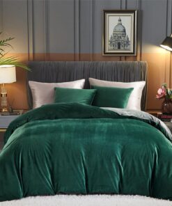 Freyamy Plüschige Winterbettwäsche Dunkelgrün Grau Flanell 135x200cm Warm für Winter Samtiger Biber Cashmere Touch Reißv