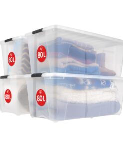 Iris Ohyama Aufbewahrungsbox mit Schnappverschlüssen TB-84D, Stark & Langlebig, 80L 4er-Set, Transparent, Für Kleidung &