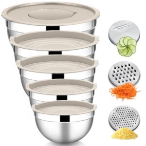 HaWare Rührschüssel 5er Set, Edelstahl, Kochen & Backen, Edle Khaki Farbe, 4,6L/2,8L/1,6L/1,2L/0,7L, Stapelbar & Spülmas