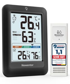 Newentor MAX MIN Thermometer Hygrometer Innen Außen - Funk Wetterstation mit Außensensor & Beleuchtung Schwarz