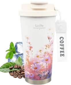 Fluorehoso to go Thermobecher, 500ml Isolierbecher, Edelstahl Trinkbecher mit Auslaufsicherem Deckel (Weiß-Gänseblümchen
