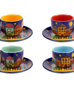 4er Set Espressotassen mit Untertasse Keramik Bunt Bemalt Village Design