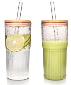 ANOTION Eiskaffee Glasbecher – wiederverwendbar, gerippte Design, Reise-Kaffee Set