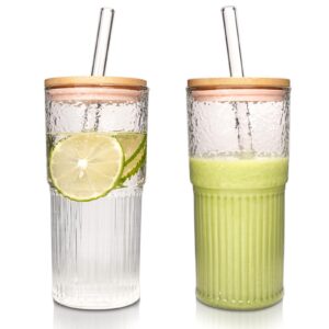 ANOTION Eiskaffee Glasbecher – wiederverwendbar, gerippte Design, Reise-Kaffee Set