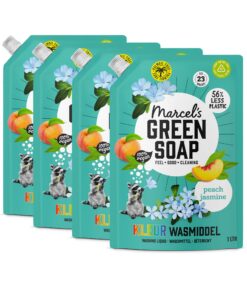 Marcel's Grün-Seife Farbwaschmittel Nachfüllpaket Pfirsich & Jasmin – 4 x 1 L (92 Waschgänge) – vegan, palmölfrei, mikro