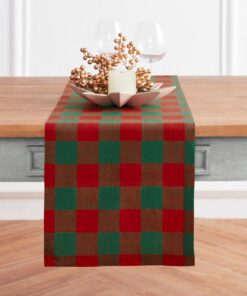 Solino Home Buffalo Karo Leinen Tischläufer - Rot undGrün Weihnachten Plaid - 100% Reines Leinen Handarbeit