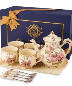 YOLIFE Vintage rosa Rose Blume Tee-Set - Porzellan-Teeservice-Set für Erwachsene ideal für englischen Nachmittagstee ode
