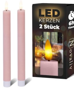 Novaliv Stabkerzen LED mit Timer undbeweglicher Flamme - ECHTWACHS 24,5cm Höhe 2 Stück Indoor, 6 Stunden, PINK, 2 AAA Ba