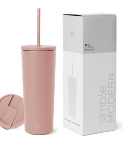 Simple Modern Isolierter Becher mit Strohhalm und Deckel | EiskaffeeBecher aus Edelstahl Wiederverwendbar | 710ml | Mauv