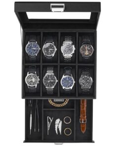 ProCase Uhrenbox mit 8 Fächern - Glasdeckel - Uhrenkoffer für Schmuck - Schwarz