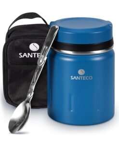 SANTECO Thermobehälter 500ml 18/8 Edelstahl 24h warm/kalt mit Löffel & Beutel (blau)