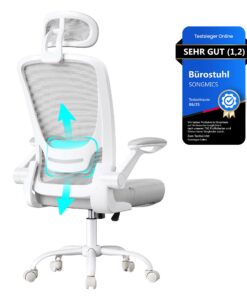 SONGMICS ergonomischer Bürostuhl, Drehstuhl mit Mesh, Lenden- und Kopfstütze, Wippfunktion, 53 cm große Sitzfläche, klap
