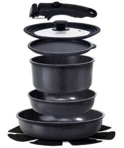 GiPP 8-Teiliges Induktions-Grill-Set für Profis, robustes Kochgeschirr mit Abnehmbaren Griffen und Glasdeckeln, umweltfr