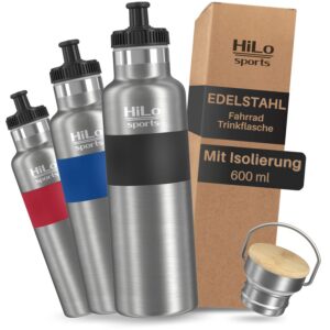 HiLo Sports Isolierte Trinkflasche Fahrrad Edelstahl 600ml - Hält 12h warm & 24h kalt - Auslaufsichere Thermofahrradflas