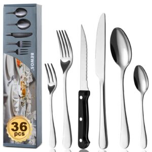 BEWOS 36-teiliges Besteckset für Haus & Küche: Premium-Edelstahl-Messer-Löffel-Gabel-Set, Spülmaschinenfest, Hochwertig