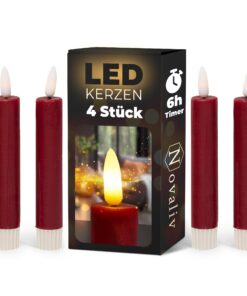 Novaliv LED Stabkerzen ROT Timer 4 Stück Indoor 6 Std. ECHTWACHS 15cm 2,2cm Durchmesser 2 AAA 222